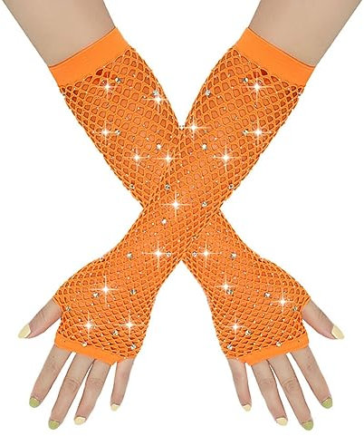Yurosiay Lang Strass Netzhandschuhe Damen Bunt Fingerlose Mesh Handschuhe Elastisch Fischnetz Handschuhe Mit Strass Mode Fingerlose Abendhandschuhe für 80er Tanz Kostümabend Party Orange