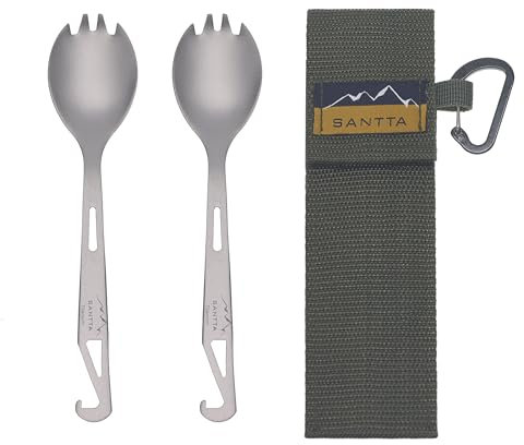SANTTA Titanium Camping Utensils, Titanium Ultr Weightlight Spork (Spoon & Fork) With Bottle Opener Flatware for Outdoor Camping Hiking and Travel, 2-PC Set Camping Spork