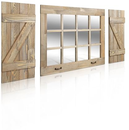 GBtroo Window Mirrors for Wall Decor – Window Pane Mirror Wall Decor with Shutters – Farmhouse Decorative Wall Mirror for Kitchen, Living Room, Entryway – Large Rustic Mirror Decor