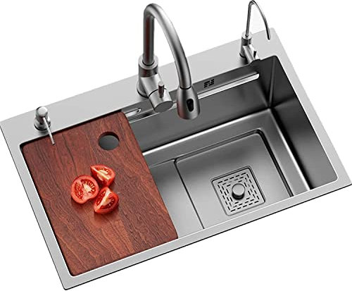 Spüle, Küchenspüle, dunkelgraues Edelstahl-Einzelbecken-Waschbecken, Drop-in-Workstation, Nano-Oberfläche, Einzelbecken-Unterbauspüle (Farbe: Metallic, Größe: 65 x 45 cm)