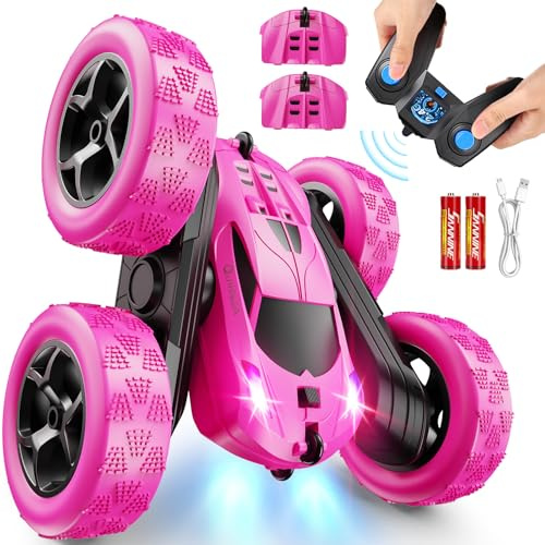 QUNREDA Fjärrstyrd stunt bil rosa 4WD 2,4 GHz flicka RC bil dubbelsidig 360° flip rotation LED modulär batteri robust utomhusleksak 6–12 år födelsedag jul present