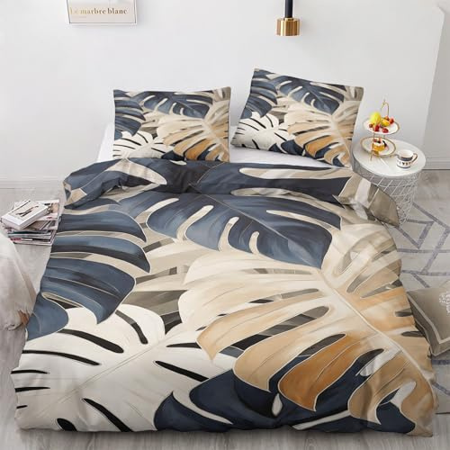GEDAEUBA Monstera Bedding King Size - Tropical Leaf Reversible Patterned Duvet Cover with Zipper Closure, Easy Care Soft Brushed Microfiber Quilt Cover Set 3 pcs with 2 Pillowcases 50x75 cm