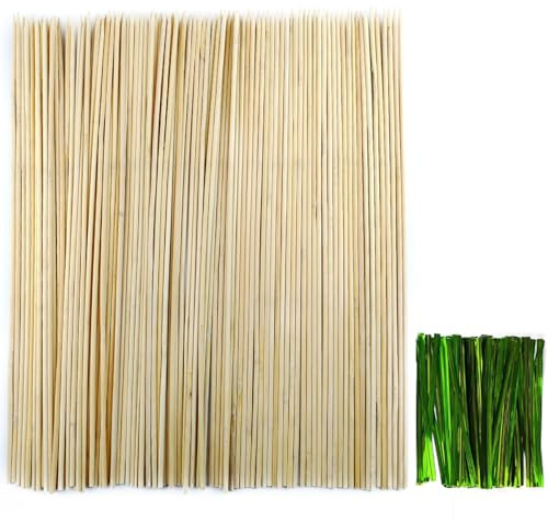 GXXMEI 100PCS 18 Bamboo Plant Stakes with 100PCS 4 Green Garden Ties, Plant Sticks Support, Floral Plant Support Wooden, Indoor Gardening Plant Supports, Wooden Sign Posting Garden Sticks