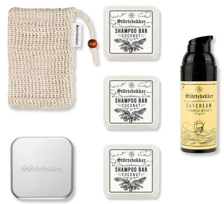 Störtebekker® Premium Dusch Routine Set - Festes Shampoo Kokos (x3), Sisalsäckchen, Seifendose + Tagescreme - Shampoo Bar Set für Haare, Kopfhaut & Bart - Handgefertigt in Seifenmanufaktur
