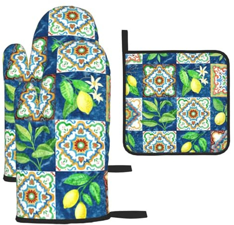 Ofenhandschuhe und Topflappen-Sets, Backen, hitzebeständig, rutschfest, Handschuh und Topflappen, 3 Stück,Mediterraner Stil