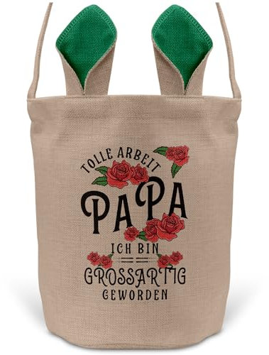 22Feels Papa Osterkorb Vater mit Henkel Ostergeschenk Tragetasche Ostern Deko Osternest Körbchen Hasenohren (Beige/Grün)