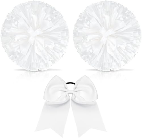 Theaque Cheerleader-Pompons und große Cheerleader-Haarschleife für Mädchen, metallische Cheerleader-Pompons für Teenager, Tanz (weiß), 3 Stück