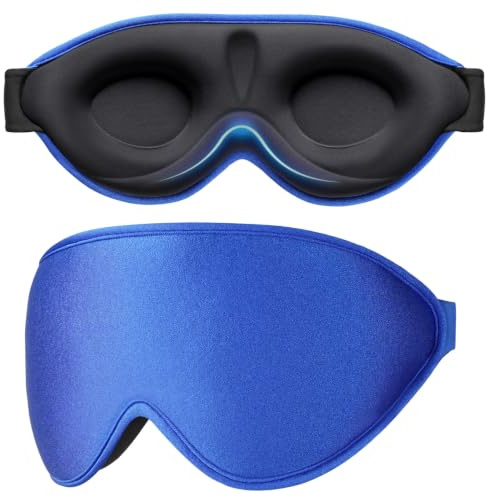 Gritin Schlafmaske für Seitenschläfer 3D Schlafbrille Bequem,Saphirblau | Verstellbar Gummiband, Lichtblockierend und Atmungsaktiv, Ergonomisch Augenmaske für Mann und Frau, 2 Paar Ohrstöpseln