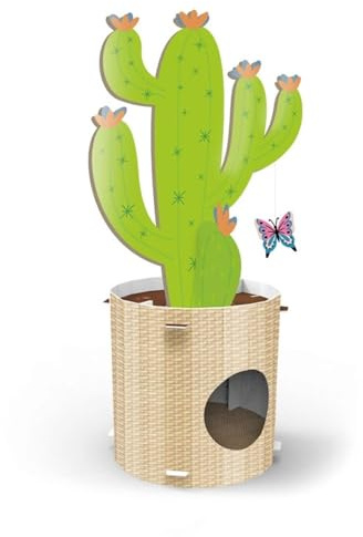 Record Rascador para Gatos Cactus – Función 4 en 1 – Material de cartón con Catnip para el Bienestar del Gato – Dimensiones: Ø 35 x 90 cm – Color Habana