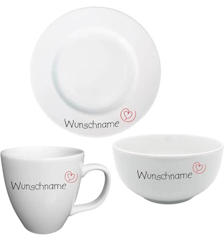 Teller Müslischale Tasse Frühstücksservice mit Name bedruckt - Serie Herz - Geschirr mit Wunschnamen selbst gestalten - individuell personalisiert - hochwertiges Porzellan (Frühstücksservice 3-tlg.)