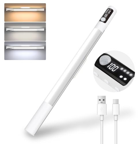 DUSKTEC Lampe de Placard Détecteur de Mouvement, Eclairage LED Cuisine Sous Meuble avec Affichage Rechargeable USB Sans Fil, Luminosité Réglable 3 Couleurs, Lumière Autocollante pour Armoire (Blanc)