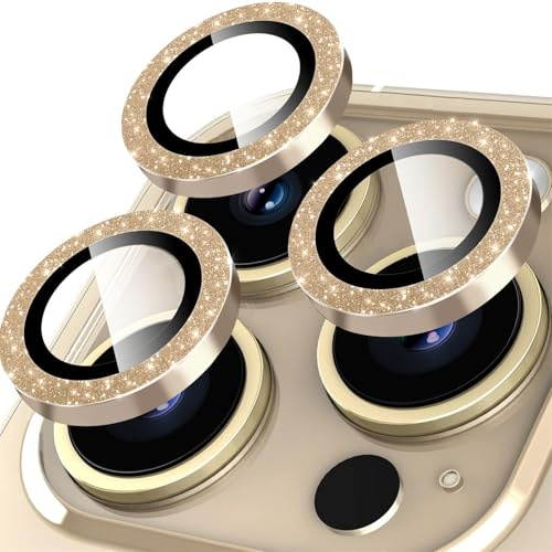 Oelrstfe Caméra Arrière Protection pour iPhone 15 Pro/15 Pro Max Verre Trempé,Pailleté Protecteur Objectif Lentille,9H Dureté HD Définition Anti-Rayures Ultra Résistant Lens Camera Protector,Doré