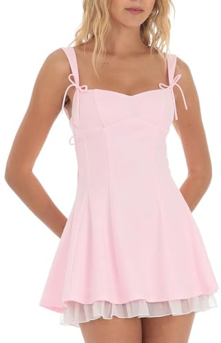 ensswliz Women’s Corset Mini Dress Fashion Sleeveless Backless Tiered Ruffle Hem Dress Summer Solid Color Bow Tie Strap Skater Tank Dresses (A-Pink, M)