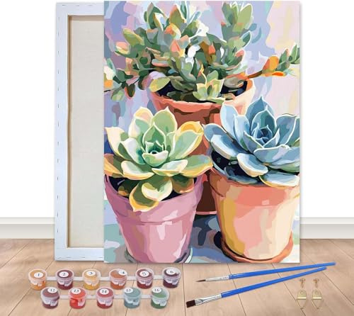 Bimkole Framed Paint by Numbers Kit for Adults Green Succulent, DIY Oil Painting on Canvas with Frame, Plants Paint by Numbers Set for Home Wall Decor 8x12 Inch/20x30 cm