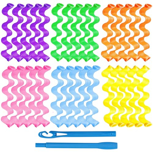 30 Stück Lockenwickler für Lang Haar,Haar Lockenwickler Spiral Locken Styling Kit, Spiral Locken Wellen Ohne Hitze,mit 2 Stück Styling Haken für alle Haarlängen,30 cm