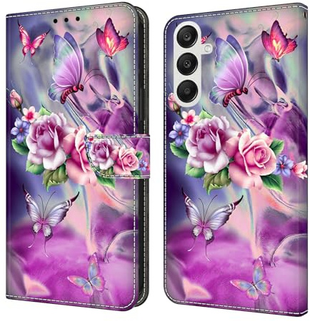 CLM-Tech Étui de Protection pour téléphone Portable Samsung Galaxy A56 / A36 5G, Housse en Cuir synthétique, à Rabat, Coque avec Support et Compartiments pour Cartes, Fleurs et Papillons Violets