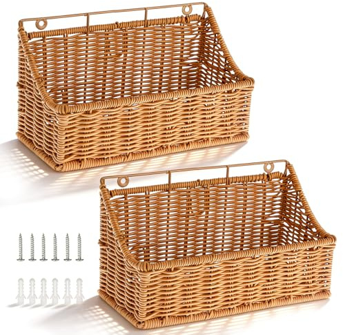 OwnMy 2PCS Plastic Wicker Hanging Basket Wall Mount Storage Baskets for Kitchen Organizing Fruit, Onion, Potato, Vegetable, Hanging Fruit Baskets for Kitchen Counter/Pantry/Cabinet