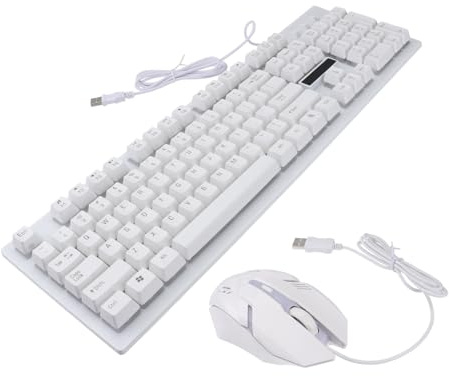 Kit Clavier Souris Gaming Lumineux USB 104 Touches 4 Blanc Plastique | Souris et Clavier de Jeu, Design sans Conflit, Surface Résistante à L'Usure, Usage Maison Café