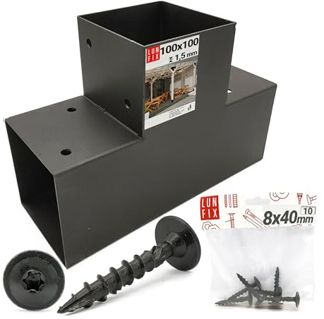 Connecteur T acier 102x206x306x2 mm 1,5 mm, support noir, connexion poutre bois, connecteur pergola carport terrasse clôture, support poteau bois, extérieur, 10 vis 8x40 mm, Lun Fix