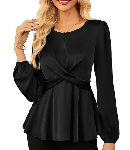GRACE KARIN Långärmad satin omlottblus för kvinnor, elegant rund hals, lös passform, affärstoppar, svart, M