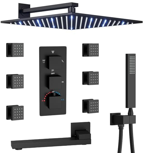 shower system Head Thermostatic Matte Black Fixtures 12 Inch Wall Mounted Full Body with Tub Spout 4 Way Faucet with 6 PCS Body Jets Handheld