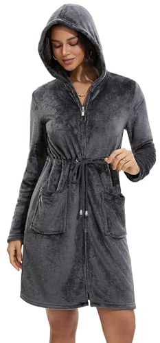 Mnamo Damen Fleece Bademantel mit Kapuze und Reißverschluss Ganzjährig | Reißverschluss für schnelles An- & Ausziehen. Ideal nach Baden,Schlafen & Zuhause. Geschenk. Weicher Fleece.