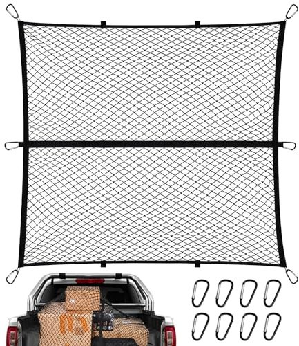 Hochelastisches Gepäcknetz 120x120cm (dehnbar bis 210x210cm), Gepäcknetz Auto mit 8 Metallkarabinern, Dehnbar LKW-Bett-Organizer, Frachtnetz für LKWs Auto Wohnmobil Pickup SUVs