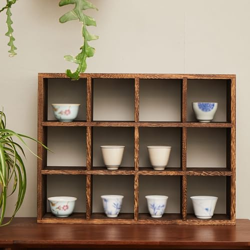 Dailify Tassenregal Holzregal für Antike Teetassen und Untertassen, Rustikale Kaffeebar-Regale für die Wand, Aufbewahrungsständer für Schmuckstücke und Kuriositäten(4x4 16 Slots)