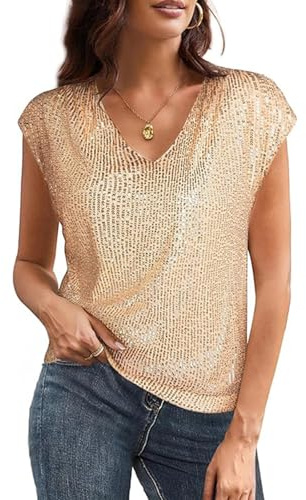 AMISENK T-shirt da donna con paillettes scintillanti vestibilità ampia manica a cappellino scintillante camicette scollo a V cocktail club party carri armati top scintillante camicetta da festa, Oro