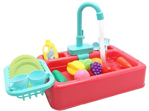 Kitchen Toy Sink Toy Dishwasher Playing Toy with Running Water Dish Wash Toy Playhouse Toy Role-Playing Toy (red)