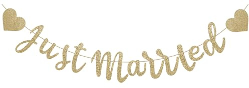 NISENTIA Just Married Girlande, Just Married Deko Hochzeit Papier Girlande Champagnergold Glitzer Hochzeitsdeko Hochzeitsgirlande für Hochzeitszeremonie Hochzeitsauto Brautdusche