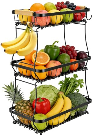 Eidoct 3 Tier Fruit Bowl with 2 Banana Hanger, Detachable Metal Fruit Bowl | Vegetable Rack, Fruit Basket with Banana Hanger, Rust-Resistant Wire Mesh Design, Holds Fruits, Veggies, Bread & Snacks