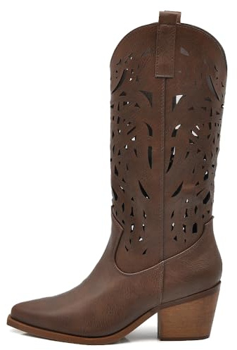 IF Stivali Texani Donna Western in Pelle Sintetica Vegana, Design Traforato, Tacco Medio e Punta Affusolata MP633-1 marrone 38
