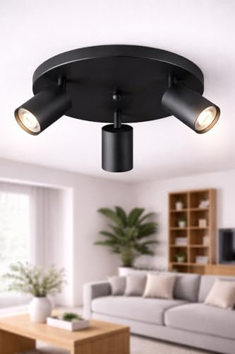 Braytron LED Deckenstrahler Rund 3 Flammig GU10 – Schwenkbare Deckenleuchte Ø300mm – Moderner Deckenspot 350° Drehbar – Aluminium in Weiß, Schwarz oder Gold – Spotlampe für Wohnzimmer, Küche (schwarz)