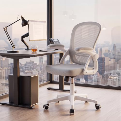 Ergoreal Ergonomischer Bürostuhl, 90-110° Verstellbare Rückenlehne & Aufklappbare Armlehnen (90°), Bürostuhl mit Rollen & Höhenverstellung,Homeoffice & Arbeitszimmer (grauweiß)