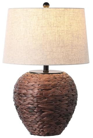 XANAYXWJ Water Hyacinth Woven Table Lamp with Beige Linen Shade for Living Room, Bedroom, and Office Decor (Dark Brown)