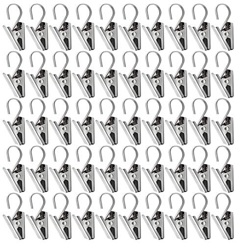 Teenitor 50 PCS Stainless Steel Curtain Hooks Curtain Clips with Hook, Curtain Rod Hooks, S Hooks for Hanging Curtain, Photos, Home Decoration Outdoor Christmas Party Wire Holder