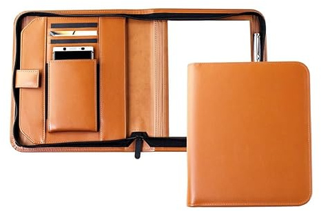 DELMON VARONE - Personalisierbare Tablet und Smartphone Schreibmappe DIN A5 aus Premium Boxcalf Leder braun, Organizer Konferenzmappe mit Notizblock, Stiftschlaufe, Steckfächer und Reißverschluss