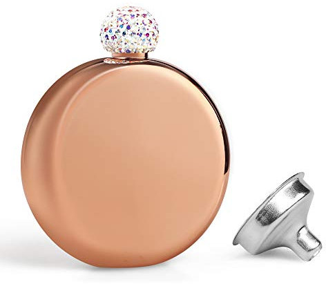 KWANITHINK Hip Flasks for Women, Stainless Steel Hip Flask Round with Funnel, Pocket Flask Alcohol Flask Gift for Women Valentine' s Day 5 oz (Gold)