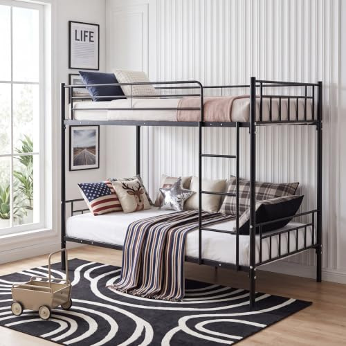 Panana Silver Twin Bunk Beds Metal Bunk Bed Frame with Ladder Steady Metal Slats for Kids Adult Twins (Black)
