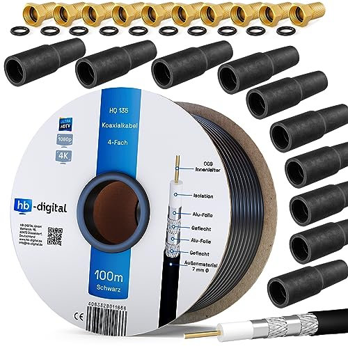 HB-DIGITAL 100m Koaxialkabel SAT HQ135 PRO inkl. 10x Gummitüllen + 10x F-Stecker vergoldet GRATIS dazu | Satellit Antennenkabel 4-Fach geschirmt für DVB-S/S2 DVB-C/C2 DVB-T/T2 DAB+Radio BK Anlagen