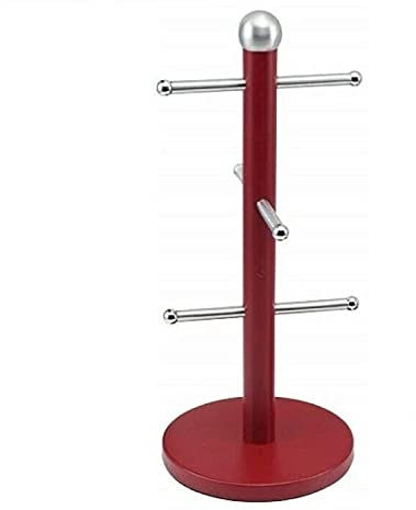 Optimal Products Stainless Steel 6 Cup Mug Tree Stand and Kitchen Towel Paper Roll Pole Holder Free Standing Bath Rack (Red, Mug Tree)