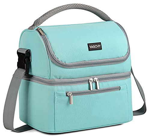 VASCHY Bolsa Termica Porta Alimentos Dos Compartimentos 13.4L,Verde | Nevera Portátil con Correa liviana y desmontable,Aislada y Resistente al Agua,Asa Superior Acolchada para Trabajo Picnic
