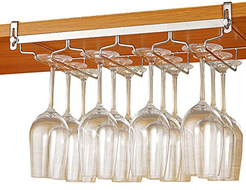 Aufhängen Weinglashalter-Edelstahl Organizer,Verstellbares Gläserhalter Unter Schrank,für Bar Weinschrank Küche(Silber,2/3/4/5/6 Reihen)