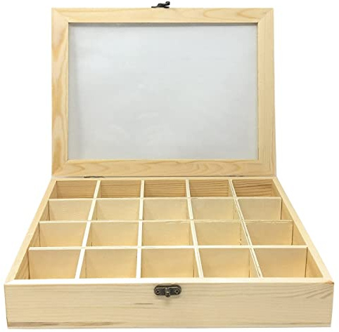 Acan Caja de Madera, 20 Compartimentos, Tapa de Cristal, Expositor Joyas, Organizador, joyero, Collares, brazaletes, Pendientes, Relojes, 5 x 28 x 22 cm