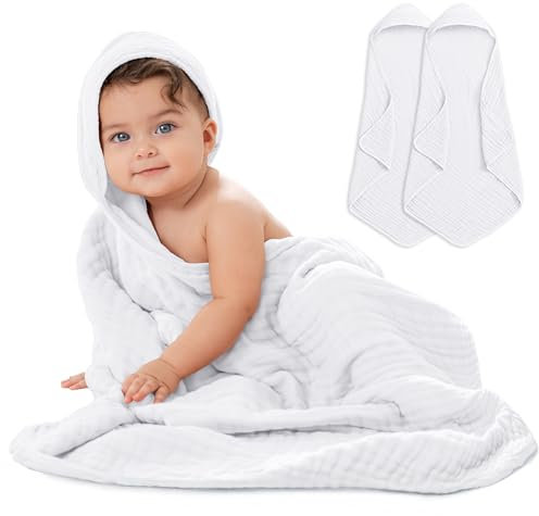 Comfy Cubs 2 Pack Baby Hooded 9 Layer Muslin Cotton Towel for Kids, Large 81 X 81 cm, Ultra Soft, Warm, and Absorbent. Baby Essentials Bath Towels, Cute Unisex Cover for Girls and Boys (2 Pack, White)