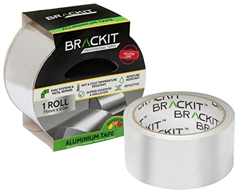 Brackit Cinta de aluminio extra larga de 60 m Rollos de cinta adhesiva conductiva y resistente al calor de alta temperatura para reparación de HVAC conductos aislamiento secadoras... (75 mm x 60 m)