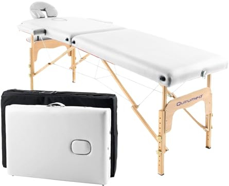 Quirumed Lettino da massaggio pieghevole in legno Easy, colore bianco, 182 x 60 cm, ecopelle, portatile, leggera testa rimovibile, foro viso, altezza regolabile, fino a 120 kg