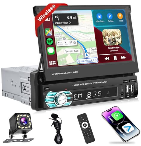 Podofo Wireless Carplay Autoradio 1Din Mit 7'' Ausfahrbarem Display Manuell Bildschirm Wireless Android Auto Bluetooth 5.1 FM 2USB/AUX/SD/Lenkradsteuerung Mit Rückfahrkamera Lenkradsteuerung