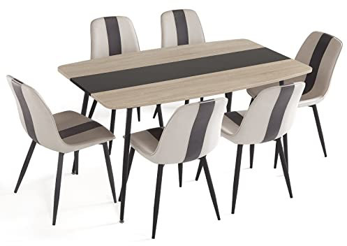 Mondeer Essgruppe, Moderner Esstisch und Polsterstuhl 6 mit Metallbeinen für Esszimmer Küche Wohnzimmer, B150 x H76,5 x T85 cm, Eiche